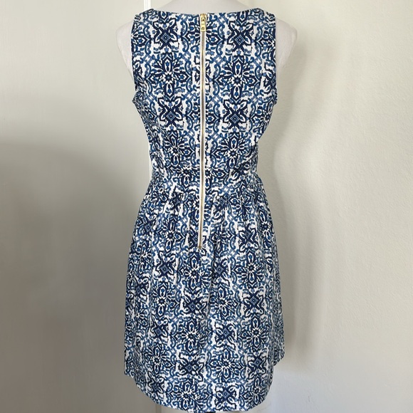 MILLY Dress Design Nation Blue White Mosaic Mallorca Tile Print Fit Flare Size 4 - Picture 5 of 8